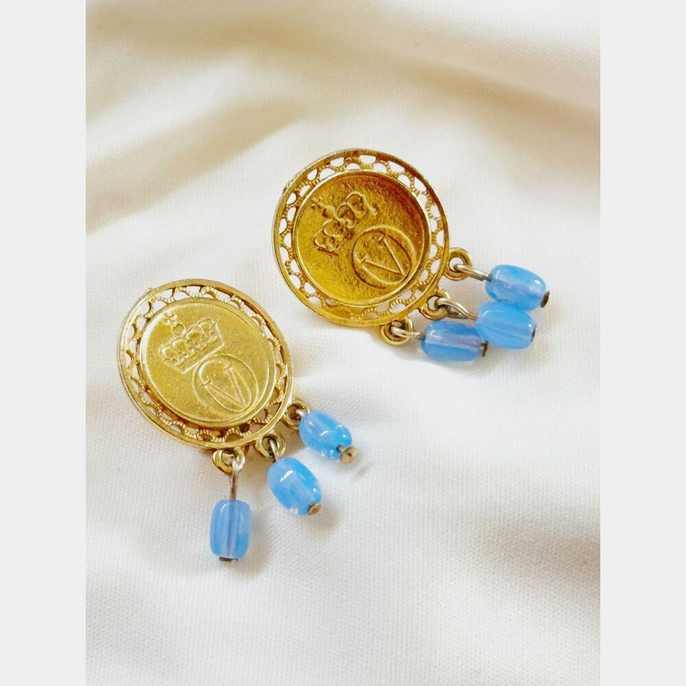 Vintage Crown Coin Dangle Earrings with Blue Glass Beads